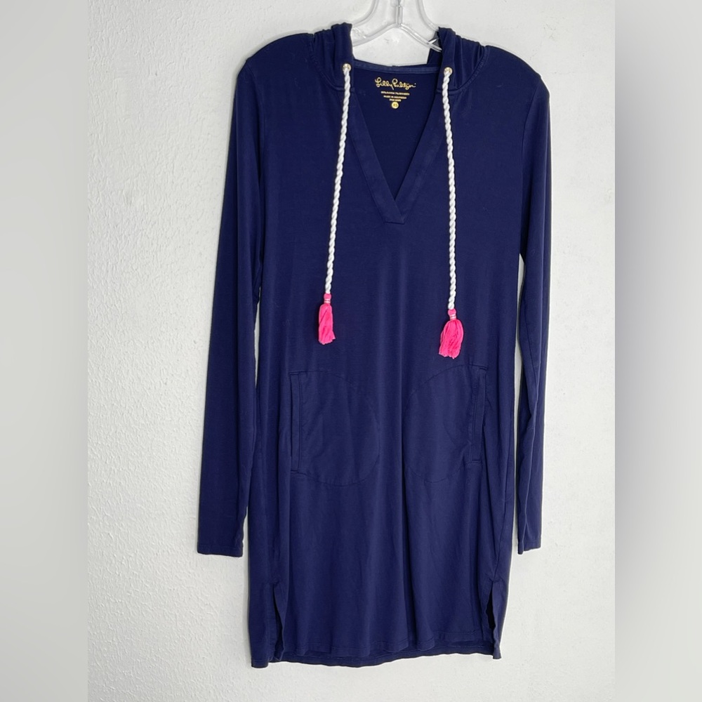 Lilly Pulitzer Rylie Navy Blue Hooded Cover Up Dress with Pink Tassels Size XS